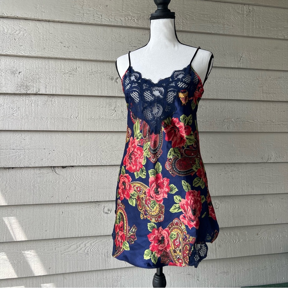 Vintage Gold Label Victoria's Secret Navy Satin Slip Chemise 80’s